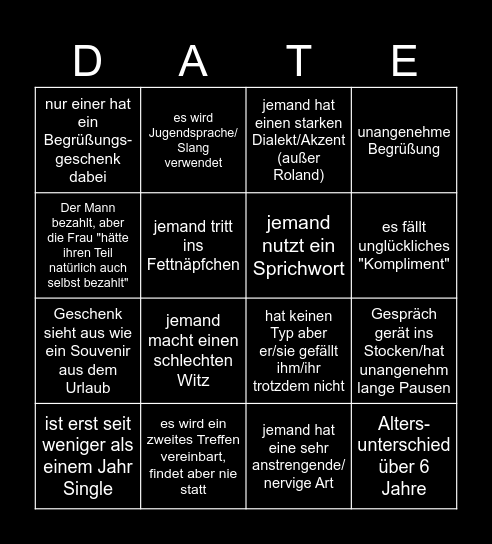 First Dates Bingo Card