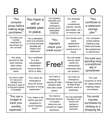 FINANCIAL DECISION BINGO Card