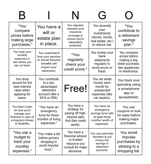 FINANCIAL DECISION BINGO Card