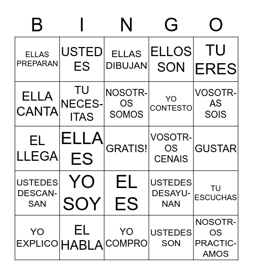 SPANISH VERB BINGO Card