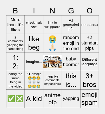 Youtube Shorts bingo Card