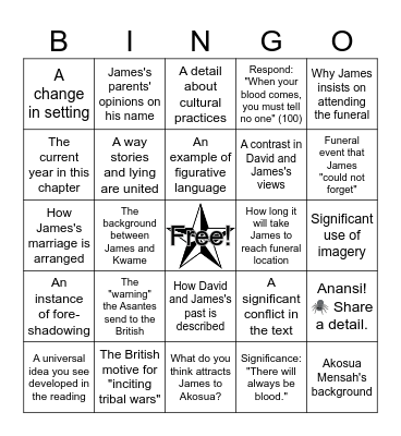 Homegoing Chapter Five, "James" Bingo Card