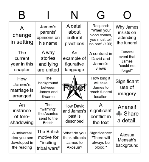 Homegoing Chapter Five, "James" Bingo Card