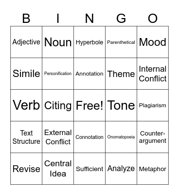 Vocabulary BINGO Card