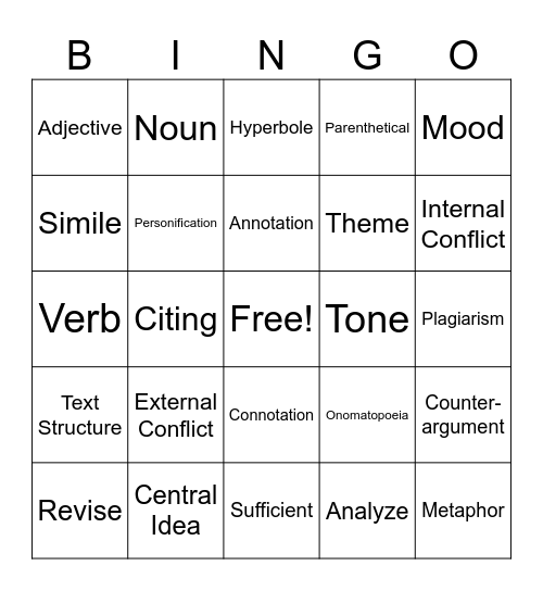 Vocabulary BINGO Card