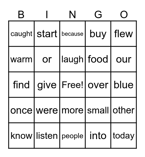 Sight Words Bingo Card