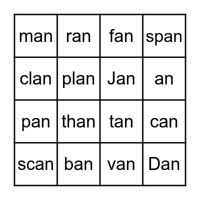-AN Word Family Bingo Card