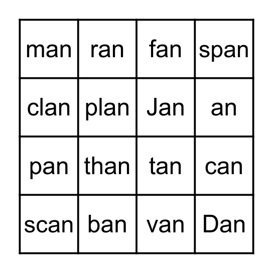 -AN Word Family Bingo Card