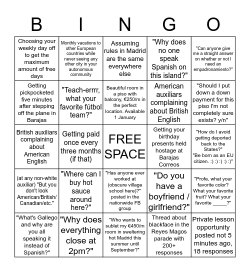 Auxiliar FB group yearly experiences Bingo Card