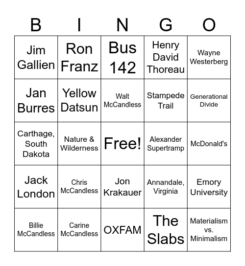 Into the Wild Bingo Card