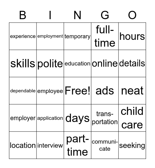 Job Search Bingo Card