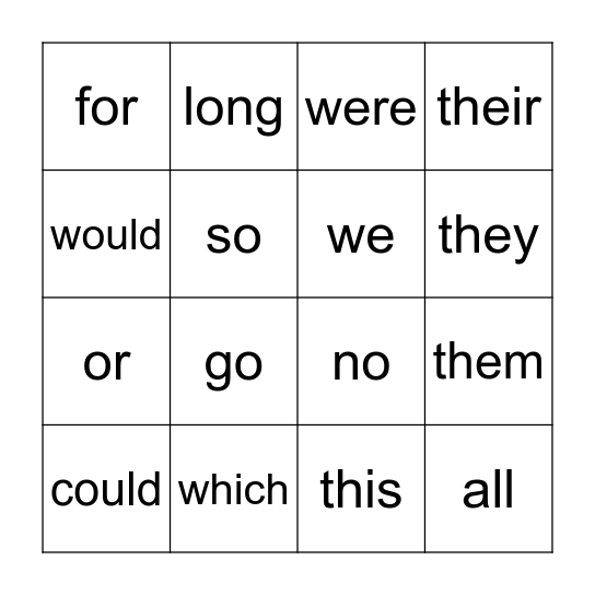 1st Grade Sight Words Bingo Card