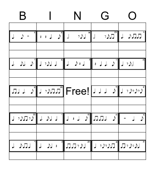 Rhythm Bingo - Level 2 Side A Bingo Card