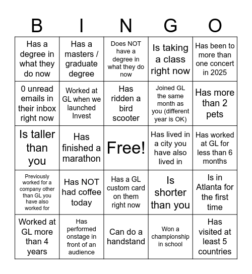 Collect Autographs, Meet Your GL Team! Bingo Card