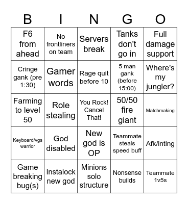 Smite Patch Day Bingo Card