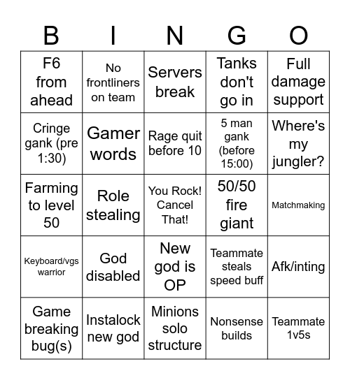 Smite Patch Day Bingo Card