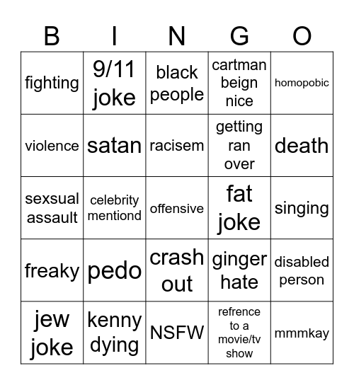 southpark Bingo Card