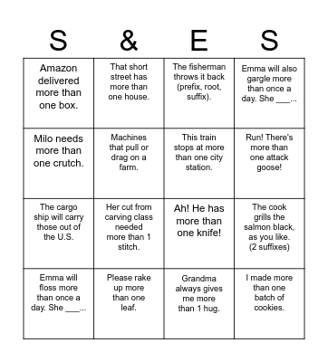 Verbs & More than one ______ Bingo Card