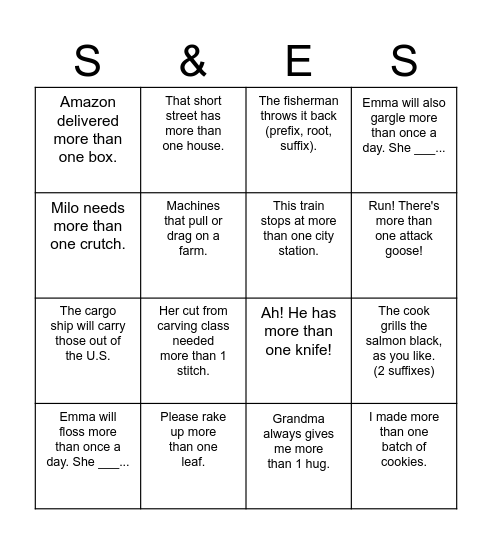 Verbs & More than one ______ Bingo Card