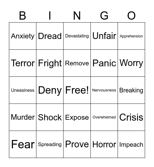 Fear Word Bingo Card
