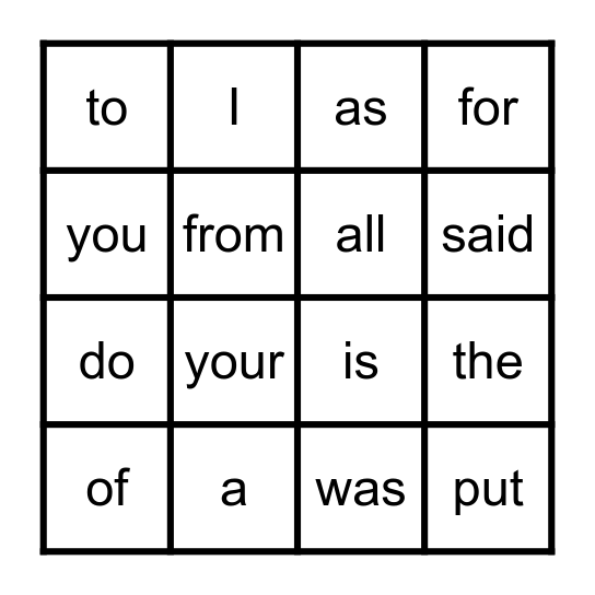 Kindergarten 1st 16 Heart Words Bingo Card