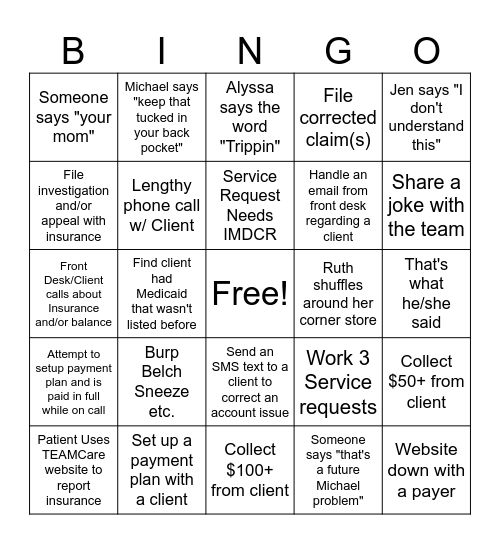 Billing Bingo (Client codes on back) Bingo Card