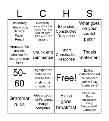 STAAR English II Bingo Card