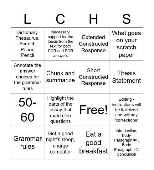 STAAR English II Bingo Card