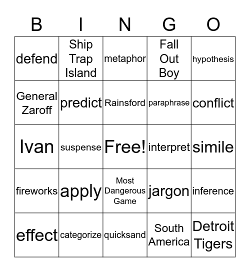 Most Dangerous Game & Academic Vocabulary Bingo Card