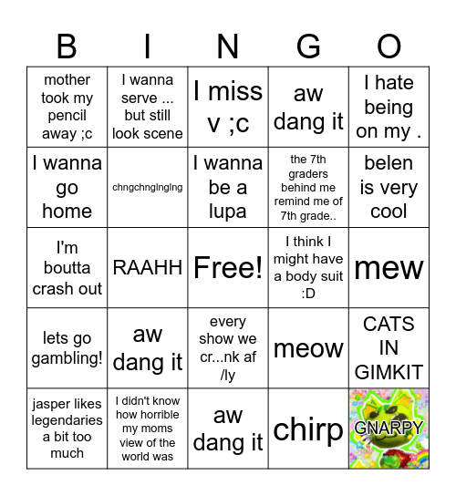my thoughts during 3rd period Bingo Card