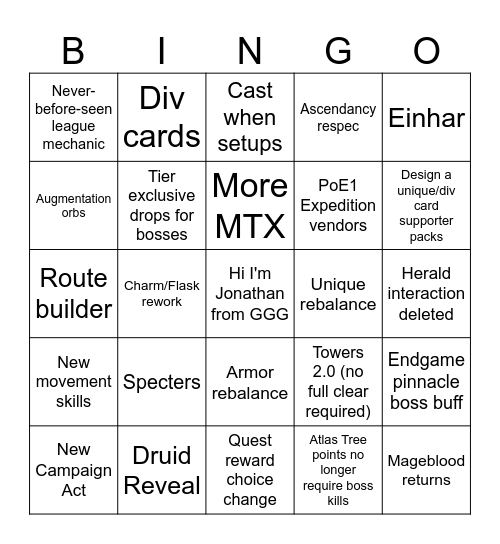 PoE2 0.2 Bingo Card