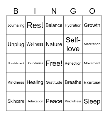 Mental Health Bingo Card