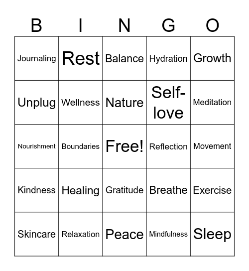 Mental Health Bingo Card