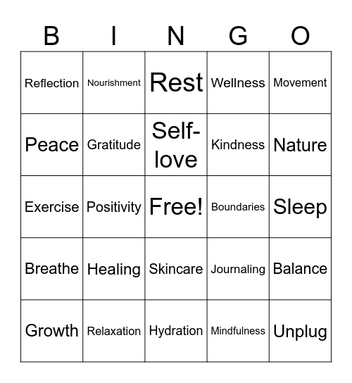 Mental Health Bingo Card