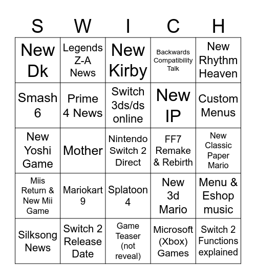 Switch 2 Direct Bingo Card