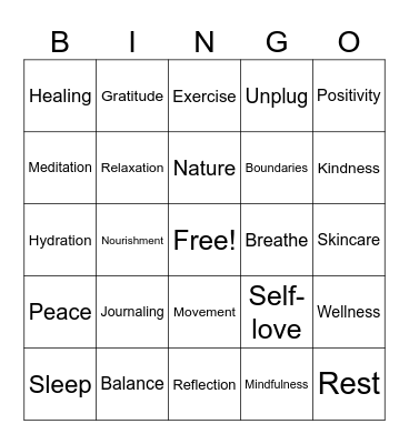 Mental Health Bingo Card