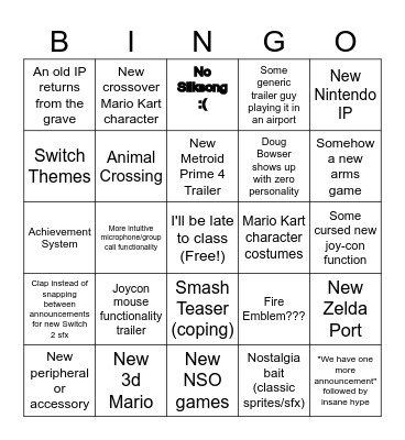 Nintendo Direct 6.21.2023 Bingo Card