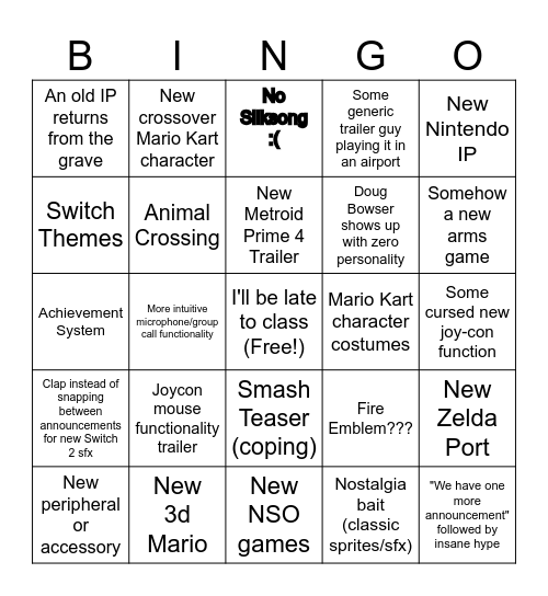Nintendo Direct 6.21.2023 Bingo Card