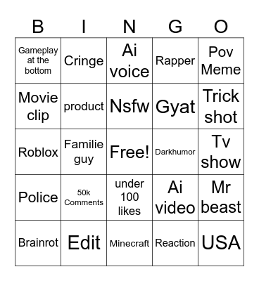 YT Shorts Bingo Card