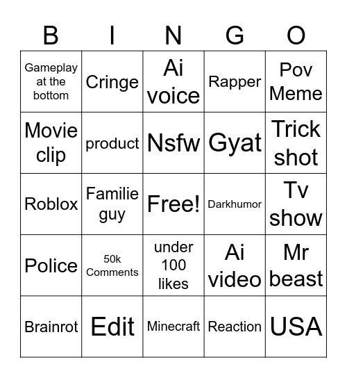 YT Shorts Bingo Card
