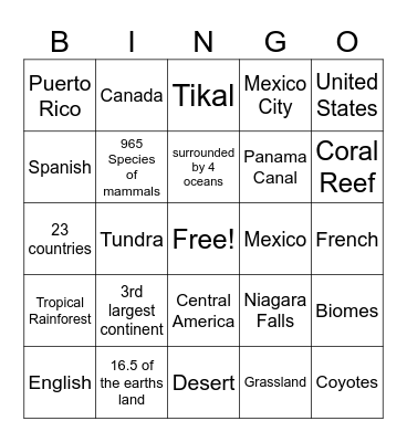 North America Bingo Card