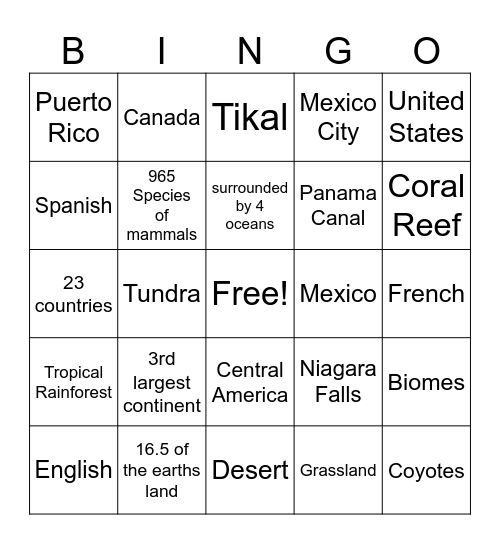 North America Bingo Card