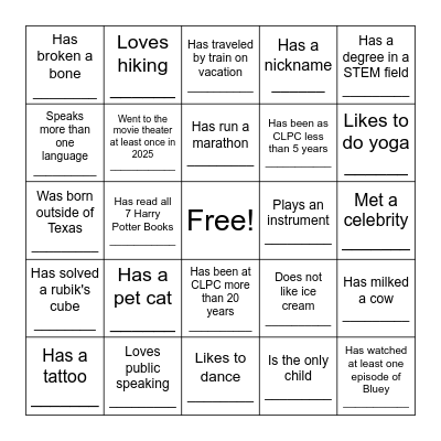 Camp CLPC Bingo! Bingo Card