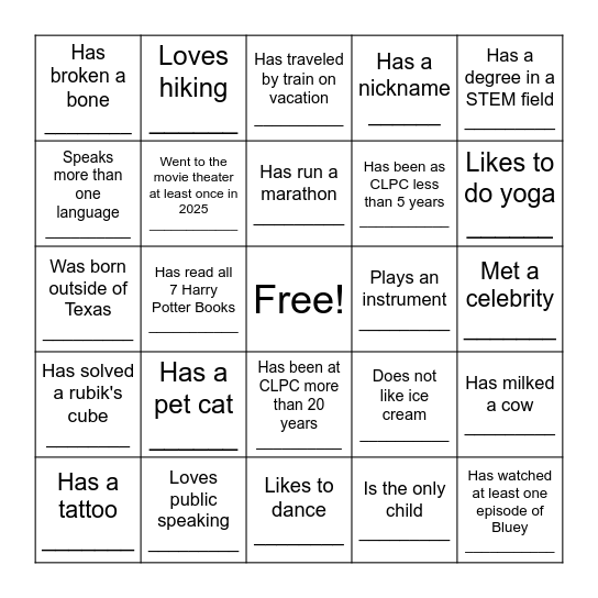 Camp CLPC Bingo! Bingo Card