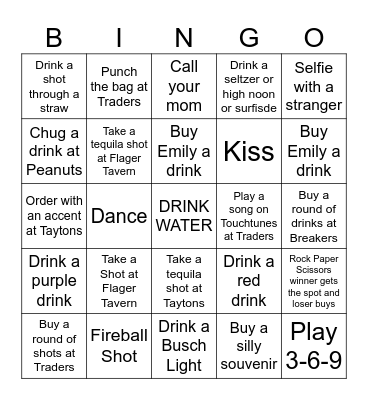 Emily's Beach Bar Hop Bingo Card