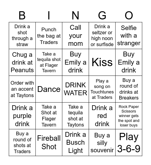 Emily's Beach Bar Hop Bingo Card