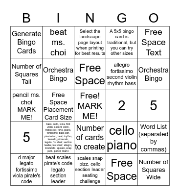 Orchestra Bingo Card