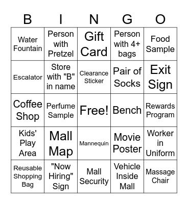 Mall Scavenger Hunt Bingo Card