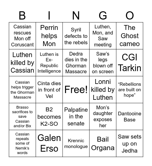Andor Season 2 Bingo Card
