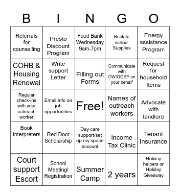 Red Door Outreach Program Bingo Card